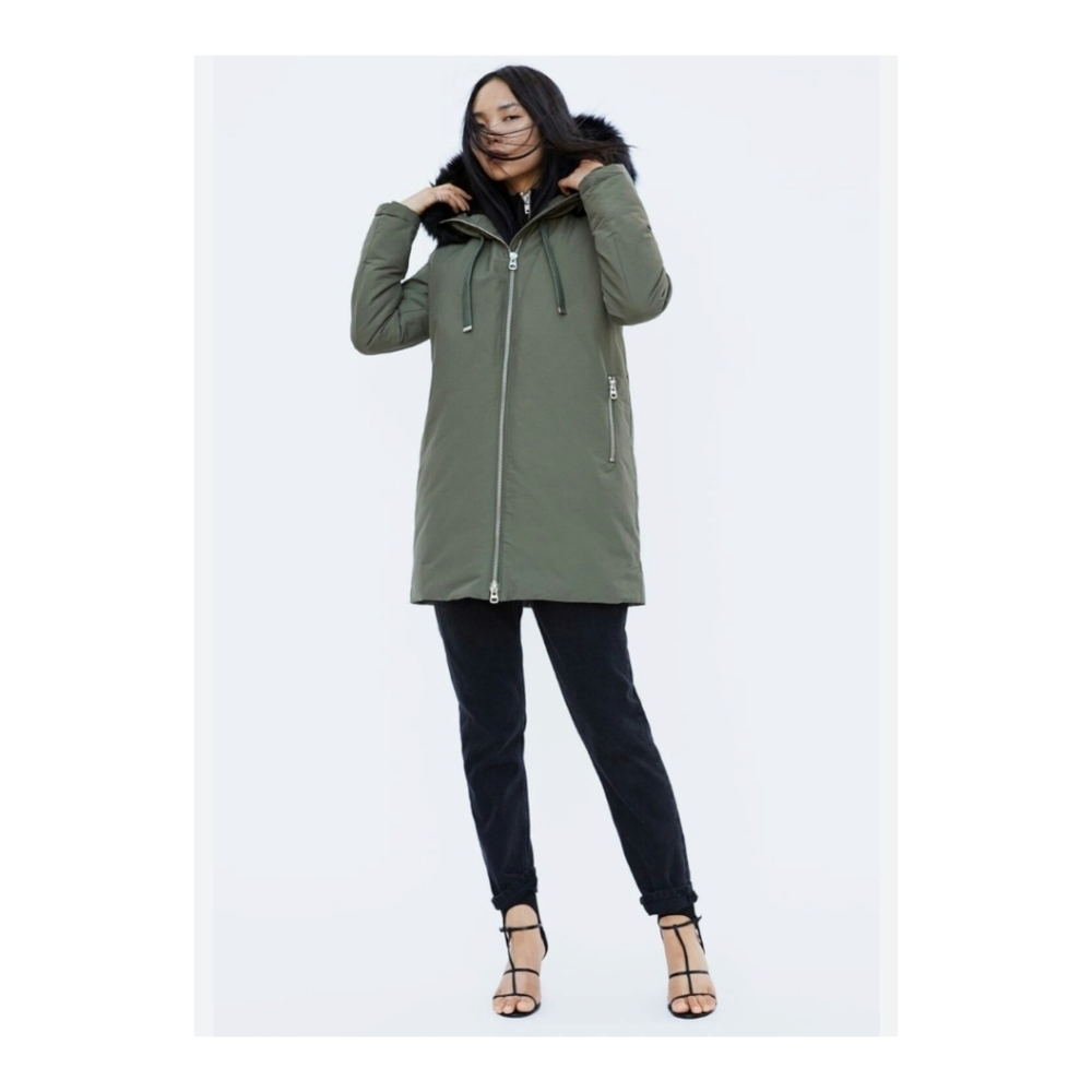Zara Basic Outerwear Olive Green Parka Coat XS Faux Fur Hood Oversized